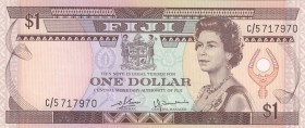 Fiji, 1 Dollar, 1980, UNC, p76 
Queen Elizabeth II potrait. 
Serial Number: C/5 717970
Estimate: 25-50 USD