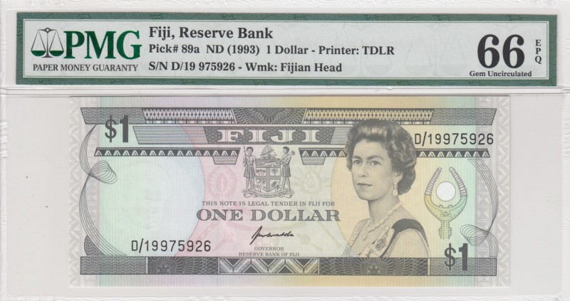 Fiji, 1 Dollar , 1993, UNC, p89a 
PMG 66 EPQ
Serial Number: D/19 975926
Estim...