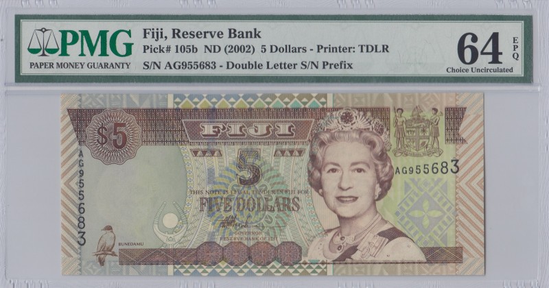 Fiji, 5 Dollars, 2002, UNC, p105b 
PMG 64 EPQ
Serial Number: AG955683
Estimat...