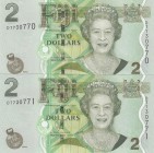 Fiji, 2 Dollars, 2007, UNC, p109b 
(Total 2 concecutuve banknotes)
Serial Number: DT 730770-71
Estimate: 20-40 USD