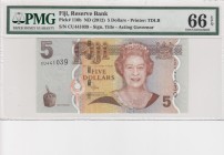 Fiji, 5 Dollars, 2012, UNC, p110b 
PMG 66 EPQ
Serial Number: CU441039
Estimate: 35-70 USD