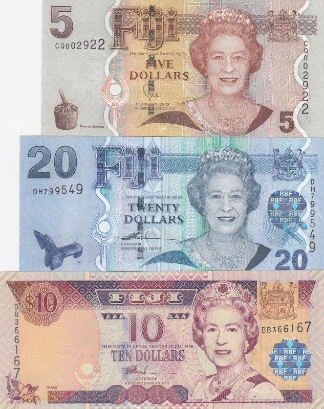 Fiji, 5-10-20 Dollars, UNC, (Total 3 banknotes)
5 Dollars, 2007/2012, p110b; 10...