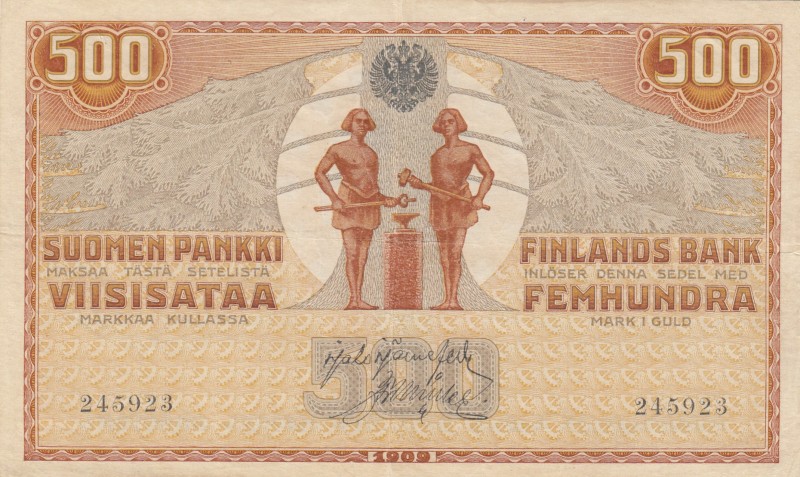 Finland, 500 Markkaa, 1909 (1918), XF, p23 
There are pinholes.
Serial Number:...