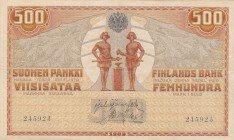 Finland, 500 Markkaa, 1909 (1918), XF, p23 
There are pinholes.
Serial Number: 245923
Estimate: 250-500 USD