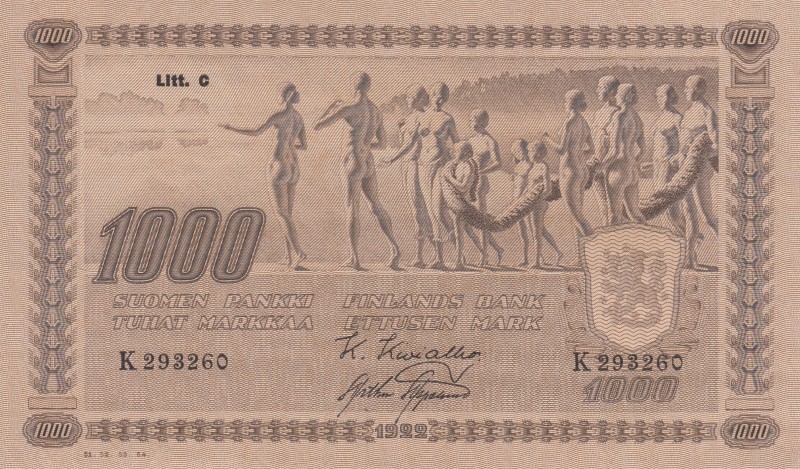 Finland, 1.000 Markkaa, 1922, UNC, p67b 
Serial Number: K 293260
Estimate: 350...