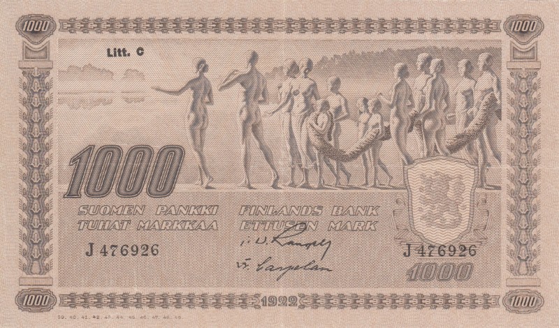 Finland, 1.000 Markkaa, 1922, XF, p67b 
Serial Number: J 476926
Estimate: 250-...