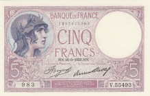 France, 5 Francs, 1933, UNC, p72e 
Serial Number: V.55493
Estimate: 40-80 USD
