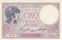 France, 5 Francs, 1933, AUNC, p72e 
Serial Number: V.55493
Estimate: 25-50 USD