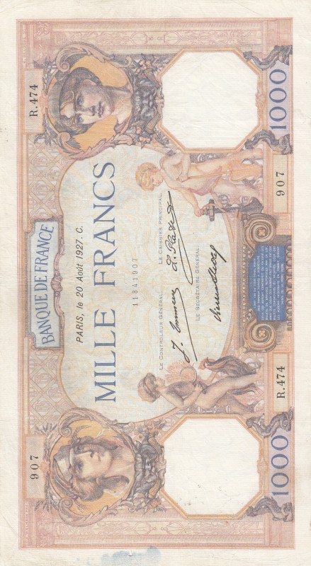 France, 1.000 Francs, 1927, XF, p79a 
There are pinholes.
Serial Number: R.474...