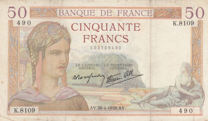 France, 50 Francs, 1938, VF, p85b 
There are stain.
Serial Number: K.8109 490...