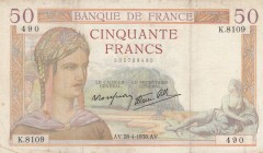 France, 50 Francs, 1938, VF, p85b 
There are stain.
Serial Number: K.8109 490
Estimate: 15-30 USD