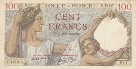 France, 100 Francs, 1939, VF, p94 
There are small tears on the upper border.
Serial Number: F.1978 841
Estimate: 15-30 USD
