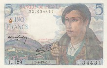 France, 5 Francs, 1945, UNC (-), p98a 
There are pinholes.
Serial Number: L.129 34431
Estimate: 20-40 USD