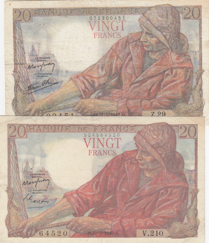 France, 20 Francs, p100, (Total 2 banknotes)
20 Francs, 1942, p100a, VF; 20 Fra...