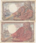 France, 20 Francs, p100, (Total 2 banknotes)
20 Francs, 1942, p100a, VF; 20 Francs, 1949, p100c, XF There are pinholes.
Serial Number: Z.29 00451, V...