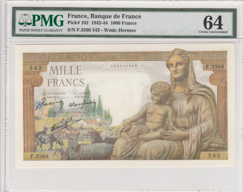 France, 1.000 Francs, 1942-44, UNC, p102 
PMG 64
Serial Number: F.3568 543
Es...