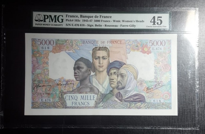 France, 5.000 Francs, 1945-47, XF, p103c 
PMG 45
Serial Number: E.476 618
Est...