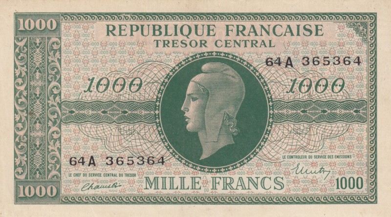 France, 1.000 Francs, 1944, XF, p107 
Serial Number: 64A 365364
Estimate: 50-1...