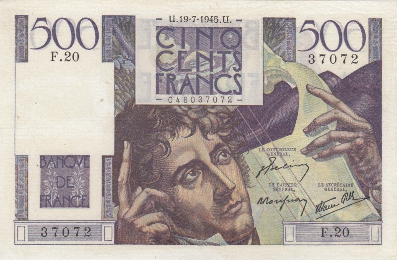 France, 500 Francs, 1945, VF, p129a 
Presseed. There is a pinhole.
Serial Numb...