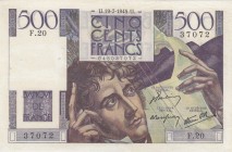 France, 500 Francs, 1945, VF, p129a 
Presseed. There is a pinhole.
Serial Number: F.20 37072
Estimate: 40-80 USD