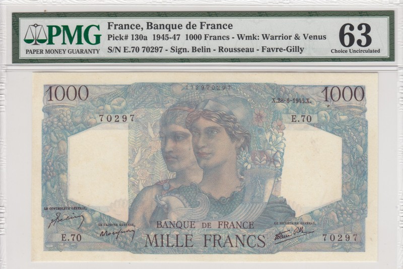 France, 1.000 Francs, 1945-47, UNC, p130a 
PMG 63
Serial Number: E70 70297
Es...