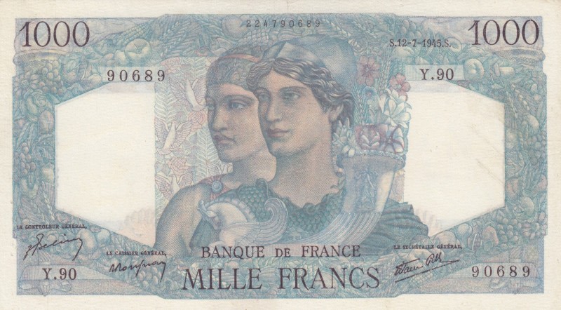 France, 1.000 Francs, 1945, XF, p130a 
Presseed. There is a pinhole.
Serial Nu...