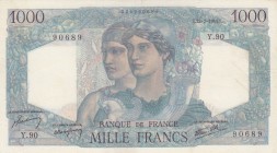 France, 1.000 Francs, 1945, XF, p130a 
Presseed. There is a pinhole.
Serial Number: Y.90 90689
Estimate: 30-60 USD