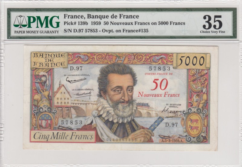 France, 5.000 Francs, 1959, VF, p139b 
50 Nouveaux Francs on 5.000 FrancsPMG 35...