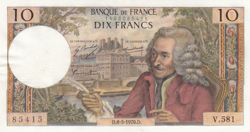 France, 10 Francs, 1970, UNC (-), p147c 
Serial Number: V.581 85415
Estimate: ...