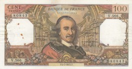 France, 100 Francs, 1971, XF, p149d 
 There is a small tear in the lower right and holes in the left.
Serial Number: V.566 80843
Estimate: 15-30 US...