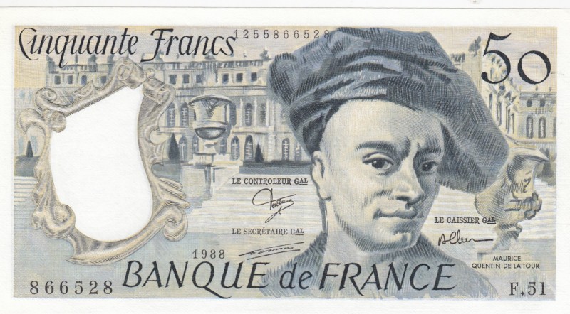 France, 50 Francs, 1988, AUNC, p152d 
Serial Number: F.51 866528
Estimate: 25-...