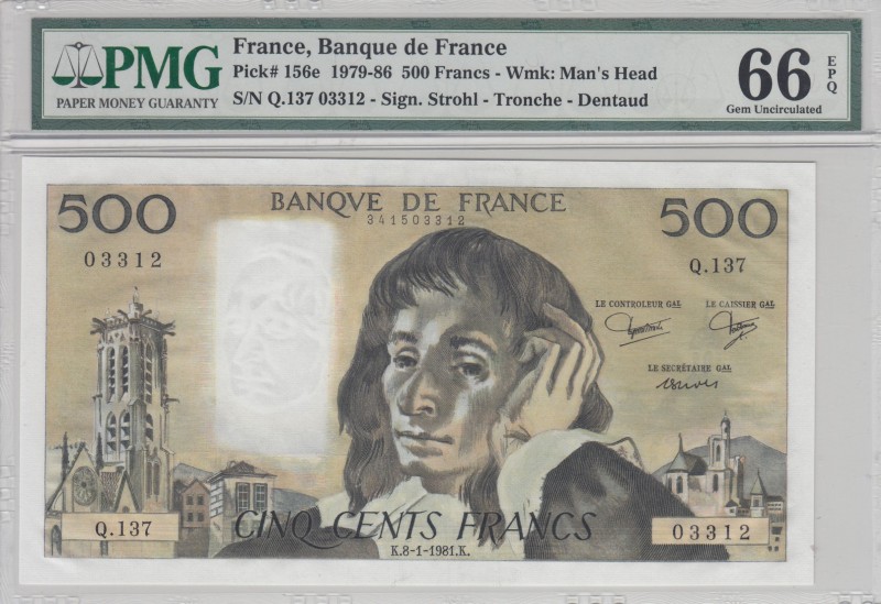 France, 500 Francs, 1979/1986, UNC, p156e 
PMG 66 EPQ, sign: Strohl / Tronche /...