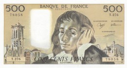 France, 500 Francs, 1988, AUNC, p156g 
There is no pinhole.
Serial Number: T.276 78058
Estimate: 40-80 USD