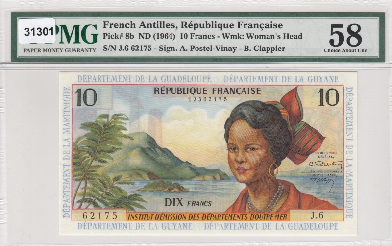 French Antilles, 10 Francs, 1964, AUNC, p8b 
PMG 58
Serial Number: J.6 62175
...
