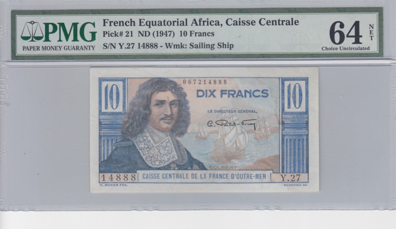 French Equatorial Africa, 10 Francs, 1947, UNC, p21 
PMG 64 NET
Serial Number:...