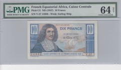 French Equatorial Africa, 10 Francs, 1947, UNC, p21 
PMG 64 NET
Serial Number: Y.27 14888
Estimate: 100-200 USD