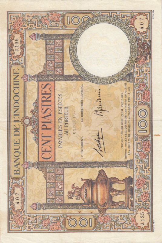 French Indo-China, 100 Piastres, 1936/1936, VF, p51d 
There are pinholes.
Seri...