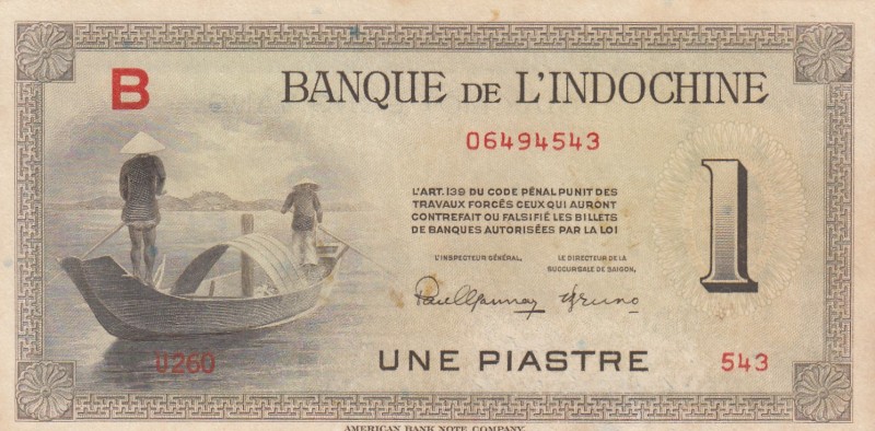 French Indo-China, 1 Piastre, 1951, UNC, p76b 
There are stain.
Serial Number:...