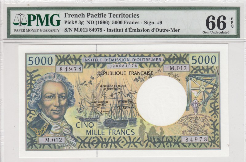 French Pacific Territories, 5.000 Francs, 1996, UNC, p3g 
PMG 66 EPQ
Serial Nu...