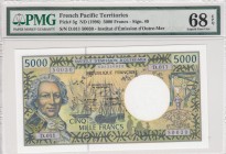 French Pacific Territories, 5.000 Francs, 1996, UNC, p3g 
PMG 68 EPQ
Serial Number: D.011 50030
Estimate: 250-500 USD