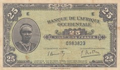 French West Africa, 25 Francs, 1942, VF, p30a 
Stain on banknote
Serial Number: 0983823
Estimate: 25-50 USD