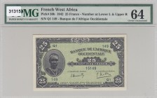 French West Africa, 25 Francs, 1942, UNC, p30b 
PMG 64
Serial Number: Q1 149
Estimate: 150-300 USD