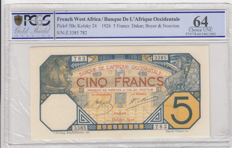 French West Africa, 5 Francs, 1926, UNC, p5Bc 
PCGS 64
Serial Number: Z. 3385 ...