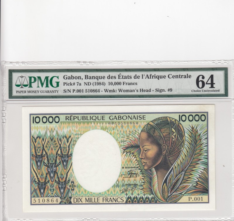 Gabon, 10.000 Francs, 1984, UNC, p7a 
PMG 64
Serial Number: P.001 510864
Esti...