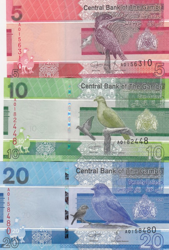 Gambia, 5-10-20 Dalasis, 2019, UNC, pNew, (Total 3 banknotes)
Serial Number: A0...