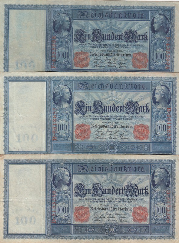 Germany, 100 Mark, 1910, VF, p43, (Total 3 banknotes)
Serial Number: D.9618657,...