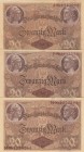 Germany, 20 Mark, 1914, UNC (-), p48, (Total 3 banknotes)
Serial Number: J.Nr 1243955, F.Nr 1614795, M.Nr 1224261
Estimate: 100-200 USD