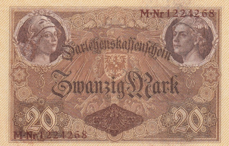Germany, 20 Mark, 1914, UNC, p48b 
7 digit serial
Serial Number: M-Nr 1224268...