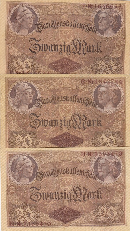 Germany, 20 Mark, 1914, XF, p48b, (Total 3 banknotes)
Serial Number: F.Nr 16466...