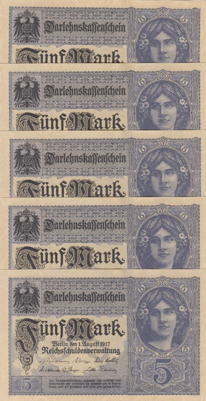 Germany, 5 Mark, 1917, UNC (-), p56, (Total 5 consecutive banknotes)
Serial Num...